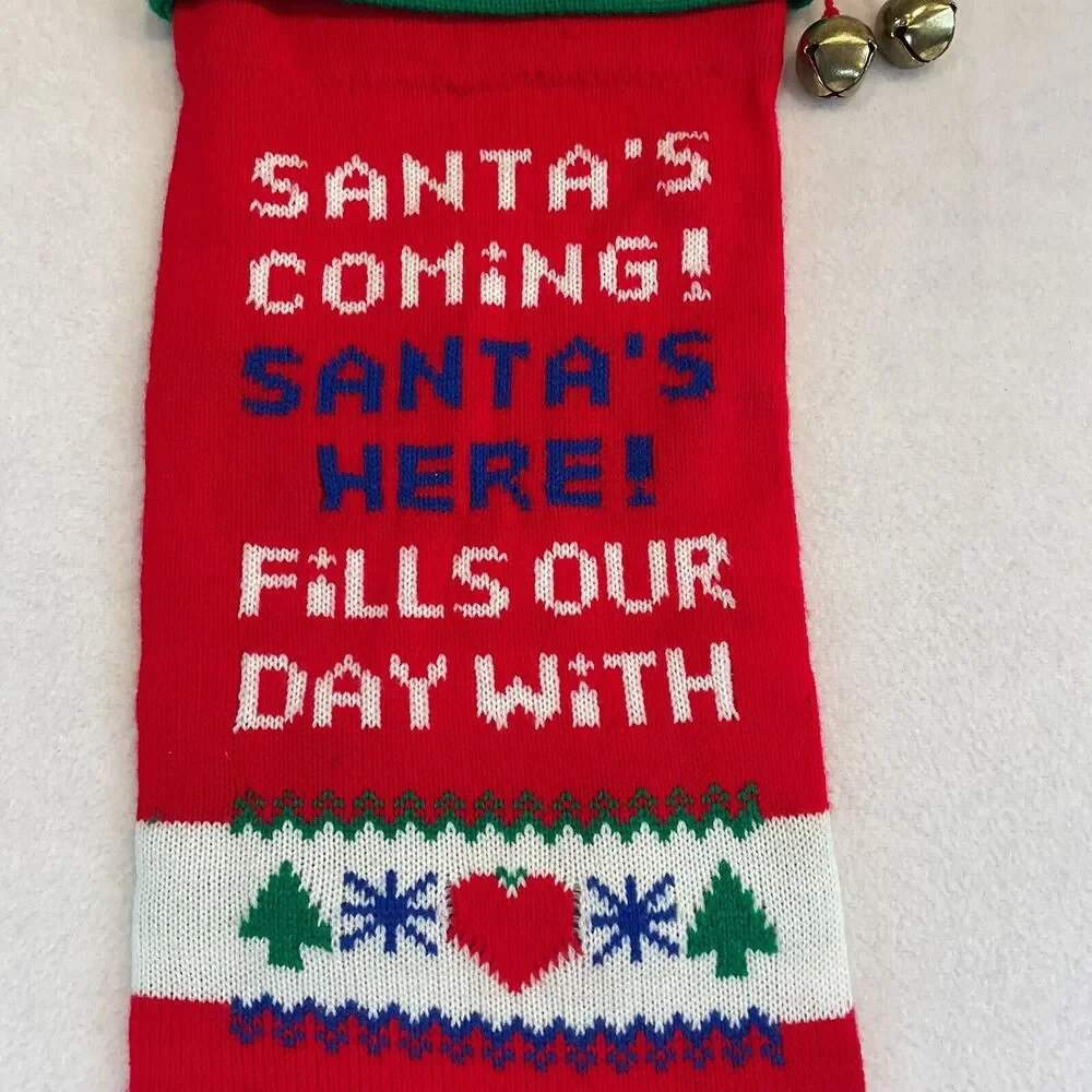 Kurt Adler Christmas Stocking Santa’s Coming Knitted Knit Oversized Taiwan Bells